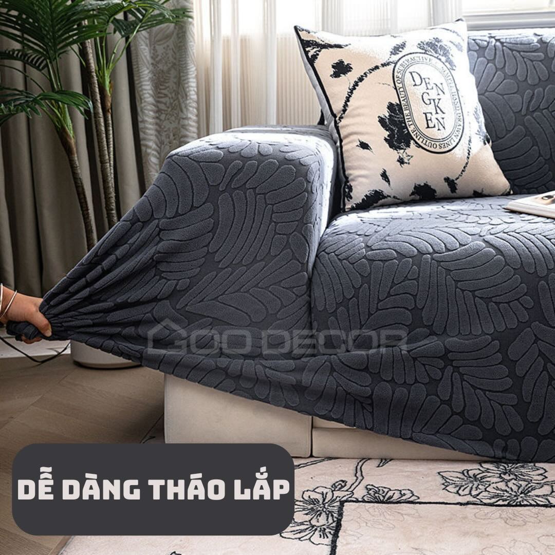 Bọc ghế sofa đơn và chữ L bằng vải nhung họa tiết lá mềm mại cao cấp GOO Decor