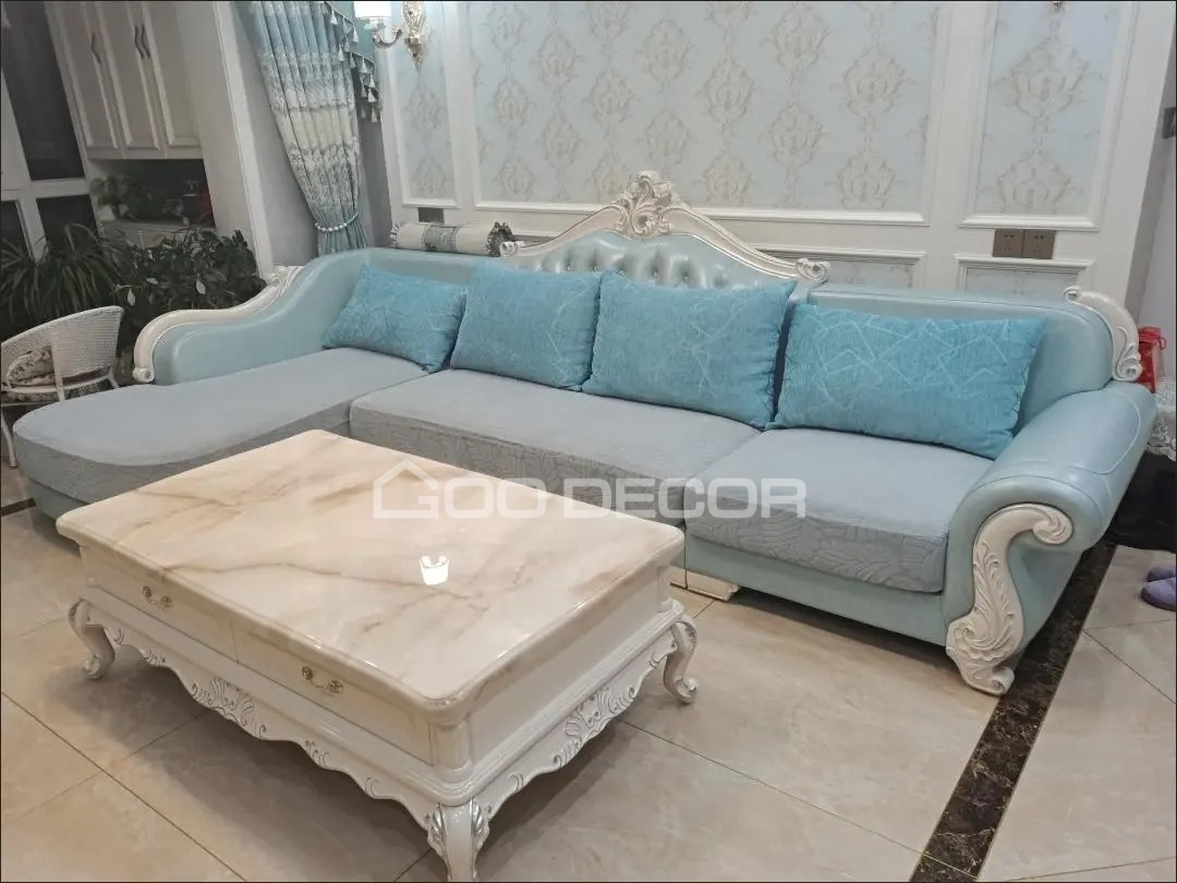 Bọc đệm ghế sofa màu xám trắng vải nhung họa tiết lá - Góc 1