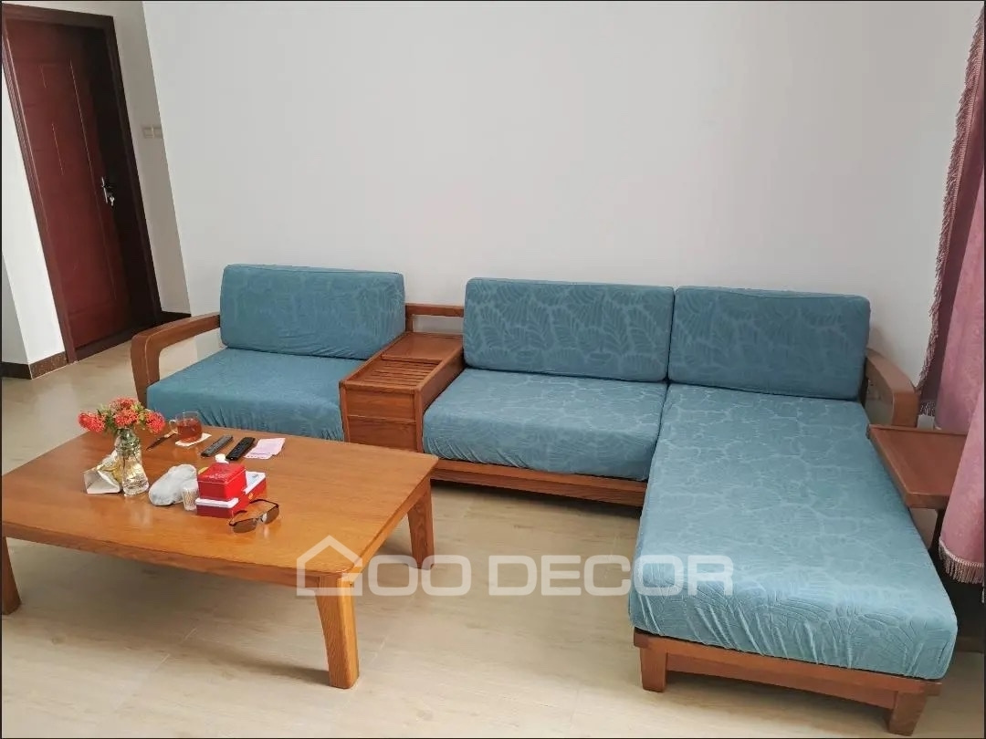 Đệm ghế gỗ bọc vải nhung họa tiết lá màu xanh cổ vịt