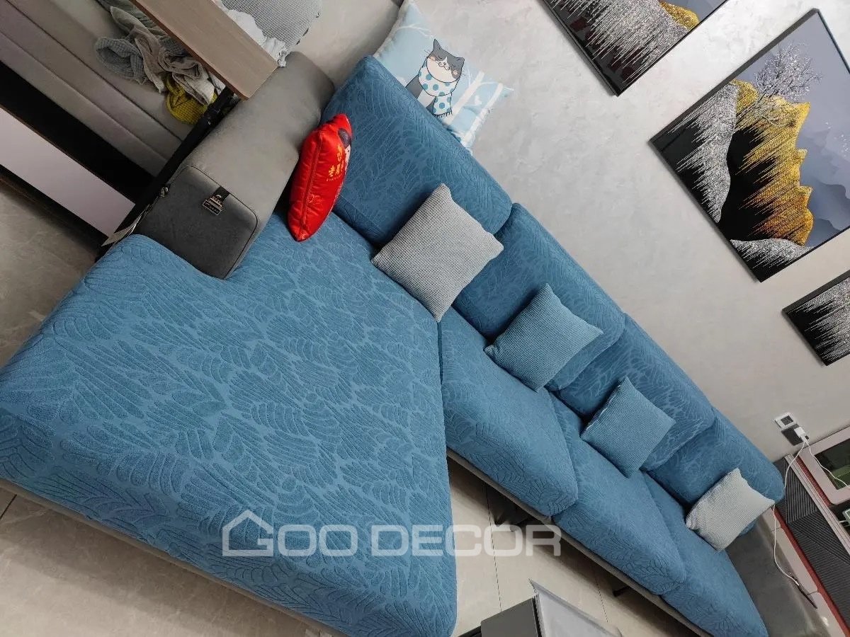 Đệm ghế sofa bọc vải nhung họa tiết lá màu xanh cổ vịt - Góc 1