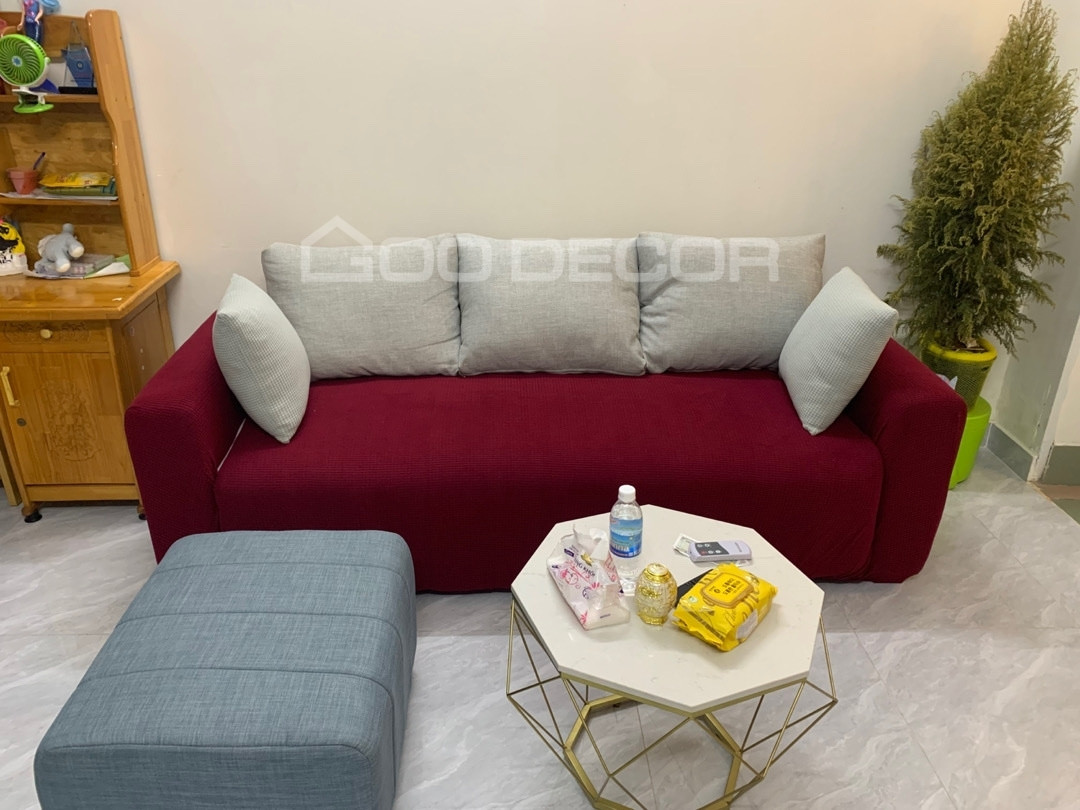 Ghế sofa sau khi bọc vải nhung gân màu đỏ